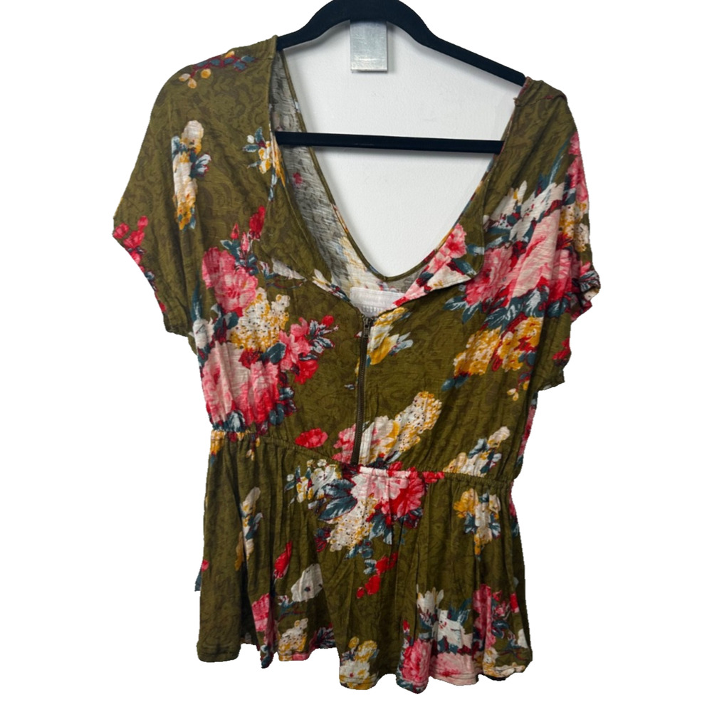 Anthro Cooperative Floral Tunic Blouse Women’s M Rayon Boho Zip Front Top A28